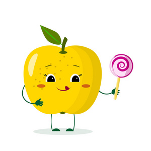 可爱的黄色苹果卡通人物与皇冠持有一个棒糖.矢量插图, 平面样式照片