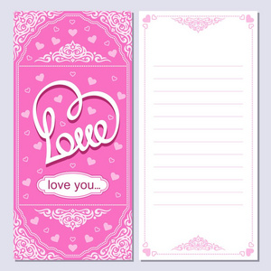 垂直粉红色卡与心脏。手写字体爱