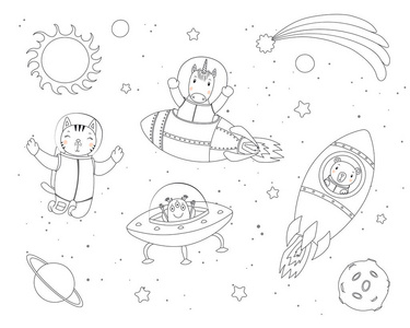 手画黑白滑稽的猫, 熊, 独角兽宇航员, 外星人在太空, 与行星, 星星
