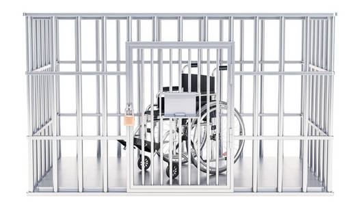 笼子, 监狱细胞与手工轮椅, 3d 渲染隔绝在白色背景上