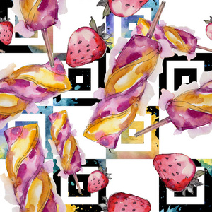 冰淇淋甜的夏天食物。无缝的背景图案。织物墙纸打印纹理。风味糖果收集 巧克力, 草莓, 奶油, 锥形, 冷牛奶小吃