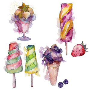 冰淇淋甜的夏天食物。独立的插图元素。风味糖果收藏 巧克力, 草莓, 奶油, 冷牛奶小吃