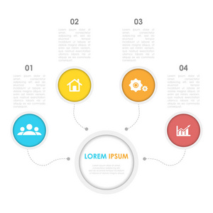 带圆圈的图表模板。业务概念为4个步骤, 选项, 圆