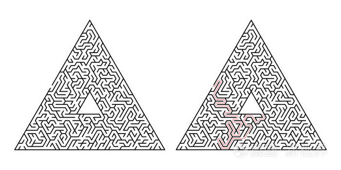 三角迷宫。在白色背景上隔离的迷宫。解决方案是用红色虚线