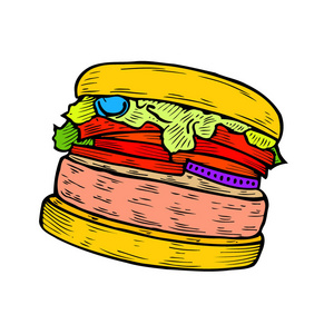 彩绘汉堡, 伟大的美味三明治, 矢量插图, 复古风格
