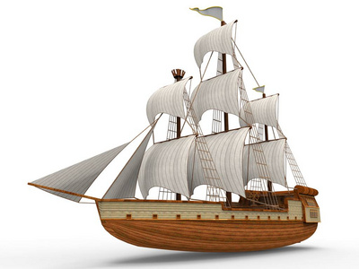 三维光栅插图的一艘古老的帆船在白色背景与柔和的阴影。3d 渲染