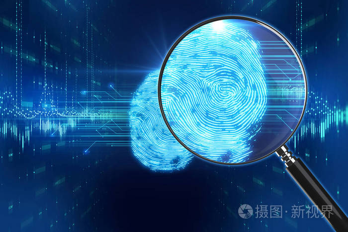 3d. 放大镜在数字指纹图像上的渲染,网络犯罪的概念,生物特征