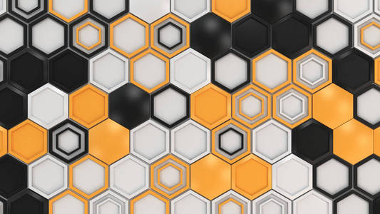 抽象3d 背景由黑色, 白色和橙色六边形在白色背景。六边形墙。蜂窝图案。3d 渲染插图