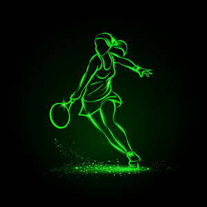职业女子网球选手插画。绿色线性霓虹灯网球运动员在黑色背景
