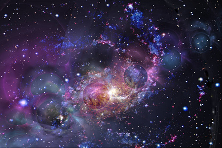 宇宙: 星光灿烂的天空, 星云和一颗被发光大气层包围的行星照片