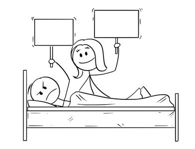 卡通夫妇在床上, 女人提供的东西, 男人是拒绝和睡觉