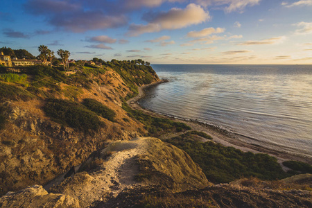 五颜六色的, 长曝光, 高的看法 Lunada 海湾与波浪碰撞到海岸在日落, 洛斯维第斯庄园, 加利福尼亚