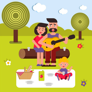 矢量平面插画, 风格卡通。年轻快乐的家庭在野餐。妈妈爸爸和孩子一首带吉他的歌