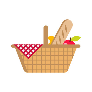 矢量平面图。野餐篮与食物。面包, 苹果, 橘子和餐巾在笼子里。在白色背景上