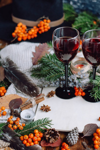 在玻璃杯, 红浆果, 颠簸和秋季树枝在木桌上的葡萄酒。秋季或冬季概念