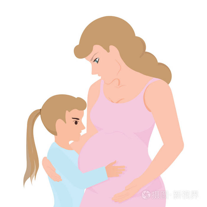 小女孩抚摸她怀孕的妈妈肚子, 有乐趣和感觉婴儿推挤, 情感家庭片刻