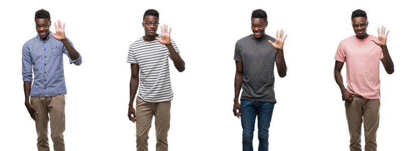 非洲裔美国人的拼贴画穿着不同的服装显示和指向五的手指, 而微笑着自信和快乐