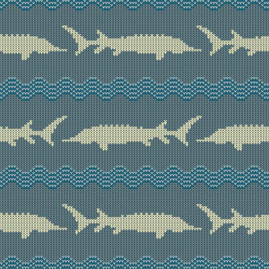 针织羊毛无缝图案与鲟鱼在复古蓝色调 1针织羊毛无缝模式与鲟鱼在老式的蓝色色调