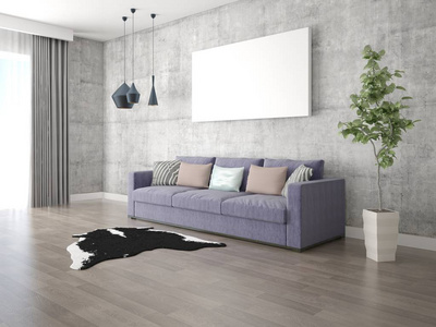 模拟一个时尚的客厅与时尚舒适的沙发和独家的时髦背景