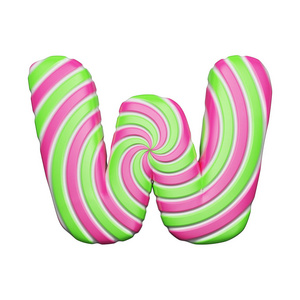 甜字母 w 圣诞字体由粉红色和绿色螺旋条纹棒糖。3d 渲染在白色背景下被隔离