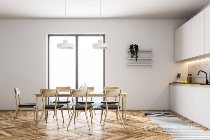 豪华的白色墙壁厨房内部与木地板, 一张长的桌与椅子和白色台面。3d 渲染