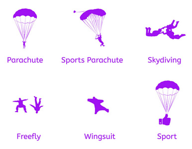 运动矢量平面图标降落伞, freefly, 跳伞, 滑翔伞