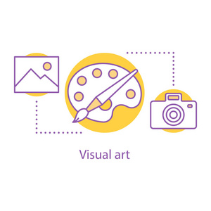 视觉艺术概念图标.绘画和摄影思想细线条插图.艺术工作室和车间.