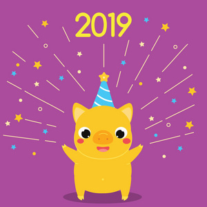 卡通黄猪, 象征2019年年晚会与新年烟火。冬天问候向量例证, 横幅