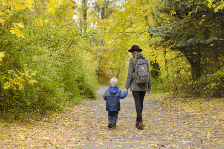 妈妈和儿子在秋天的森林里散步。后退视图