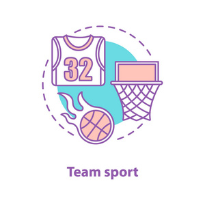 篮球概念图标。团队体育理念薄线插图。篮球球, 宫廷, t恤。矢量隔离轮廓图