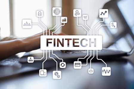 Fintech虚拟屏幕上的财务技术文本。商业互联网和技术概念