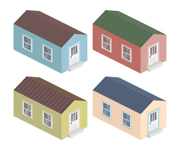 等距房子3d 矢量图标, 颜色不同。建筑学家庭结构和窗口