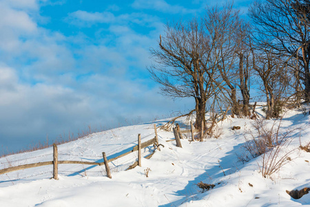 冬晨风光风景如画的山地乡村积雪覆盖的道路和足迹 乌克兰, Dzembronya, 宁静祥和的村庄郊区丘陵