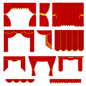 逼真详细的3d 红丝绸或天鹅绒窗帘设置。向量