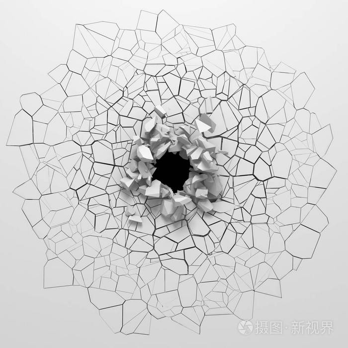 黑暗破坏破解白色石头墙洞里的去.3d 渲染图