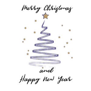 圣诞快乐, 新年贺卡。在白色背景上装饰金色星星的风格化圣诞树。矢量插图