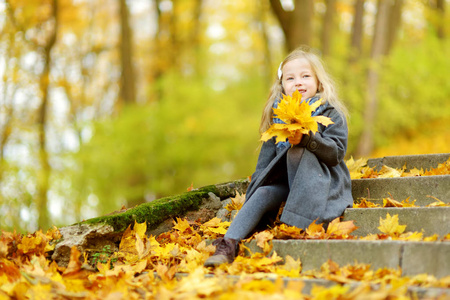 可爱的小女孩，在美丽的秋日乐趣。快乐的孩子在秋天公园玩。孩子收集黄色秋天的落叶。儿童秋季活动