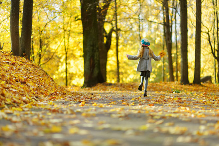 可爱的小女孩,在美丽的秋日乐趣.快乐的孩子在秋天公园玩.
