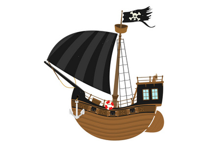 卡通海盗船在白色的背景。童话船的侧面视图。平面矢量