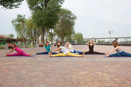 在公园练习瑜伽的妇女小组瑜伽教师的联合训练女人做 Upavistakonasana 姿势