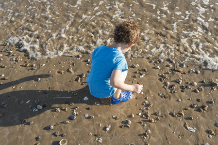 蓝色衬衫的孩子在海边玩沙子和贝壳