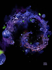 蓝莓汁液体飞溅, 装饰螺旋。3d 插图