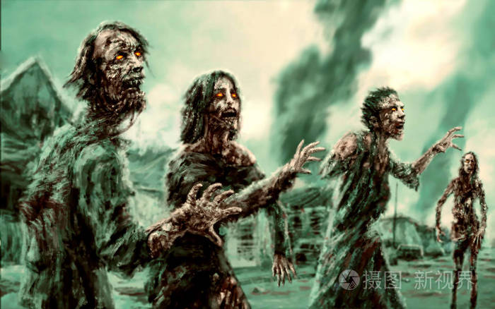 人群在燃烧的城市的背景下行走僵尸.恐怖体裁插图