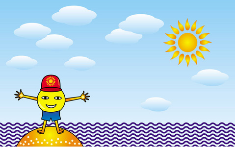 阳光灿烂的微笑小男人张开双臂, 拥抱在海边, 阳光和云彩的背景下。卡通矢量图形