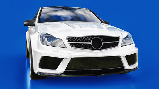 超级快速白色跑车的蓝色背景。车身形状轿车。调整是一个普通的家庭汽车的版本。3d 渲染