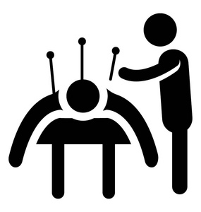 人类头像穿刺针进入另一个铺设人的身体, 象征针刺理疗图标照片
