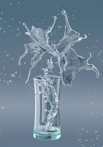 酒精, 水, 果汁液体溅出玻璃, 装饰。3d 插图