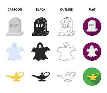 一个女巫锅, 一个墓碑, 一个鬼魂, 一盏杜松子酒灯。黑白魔术集合图标在卡通, 黑色, 轮廓, 平面风格矢量符号股票插画网站