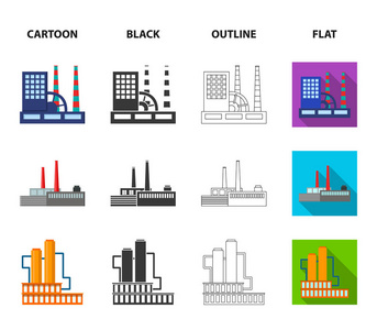 工业生产。工厂集合图标在卡通, 黑色, 轮廓, 平面风格矢量符号股票插画网站