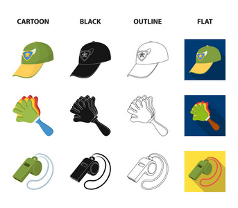 扩音器, 哨子和其他球迷的属性。风扇集合图标在卡通, 黑色, 轮廓, 平面风格矢量符号股票插画网站